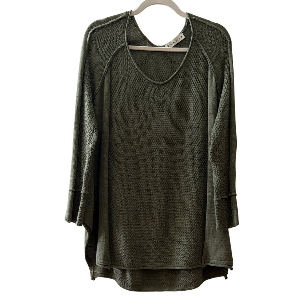 Simisue Waffle Knit Asymmetrical Sweater Olive Green -‎ M